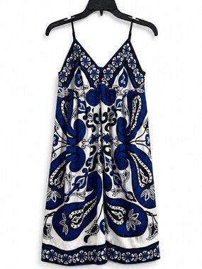 Trulli Blue White Paisley Adjustable Spaghetti Straps Satin Trim Slip Dress